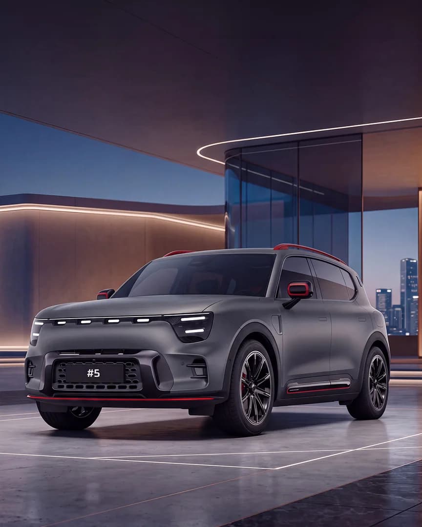 Illustrative grey smart #5 premium SUV studio visualization